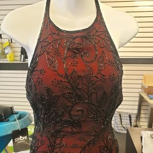 Caché beaded halter formal dress red with black beading women's medium